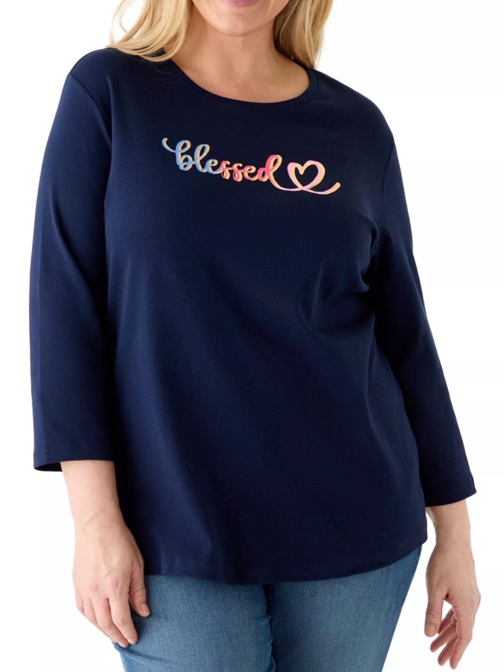 NWT Navy 3/4 Sleeve Top with Multicolor 'Blessed' Script